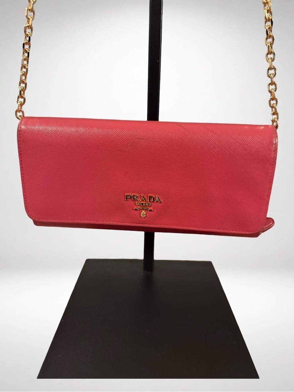 PRADA Women’s Saffiano Leather Chain Wallet Crossbody Pink Gold Zip Bag